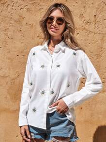 RueChic Embroidery Detail Drop Shoulder Shirt - White - View 3