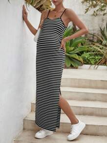 SHEIN Maternity Striped Split Thigh Cami Dress - Black and White - View 3