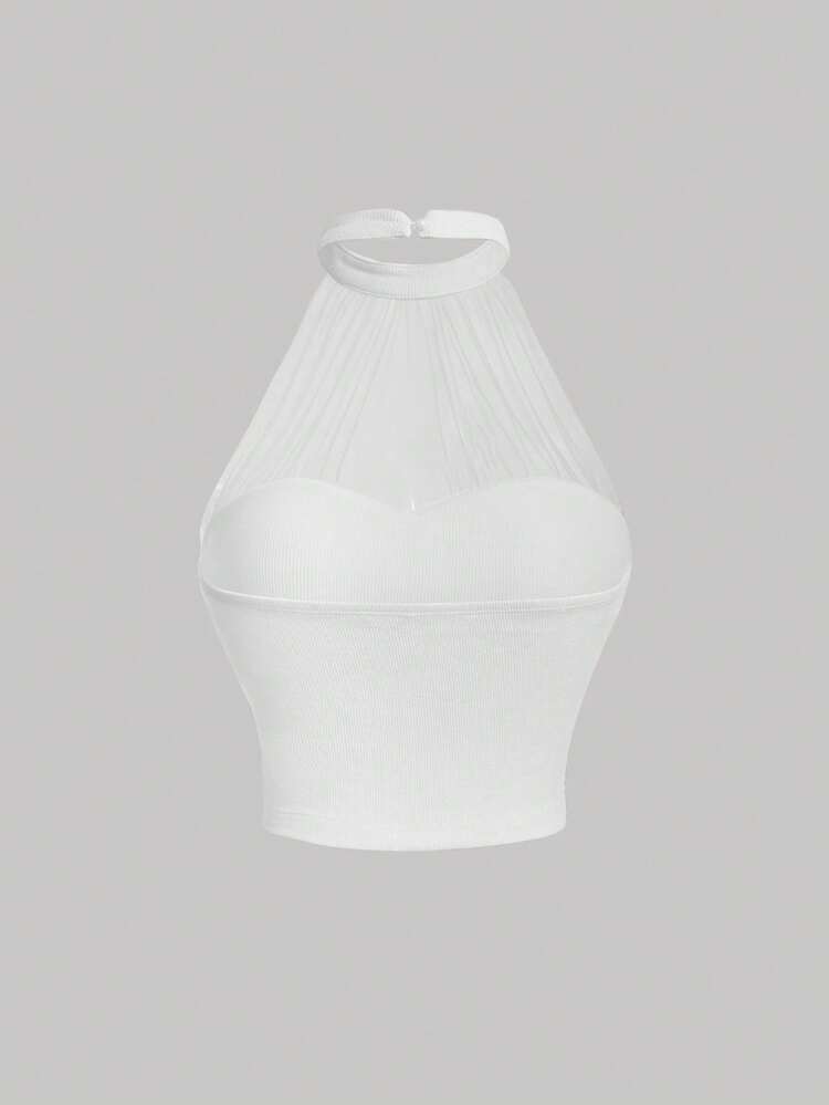 SHEIN MOD Solid Contrast Mesh Halter Top - White - View 9