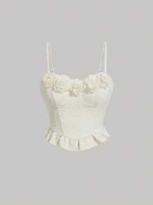 SHEIN MOD Floral Applique Ruffle Hem Cami Top - Apricot - View 1