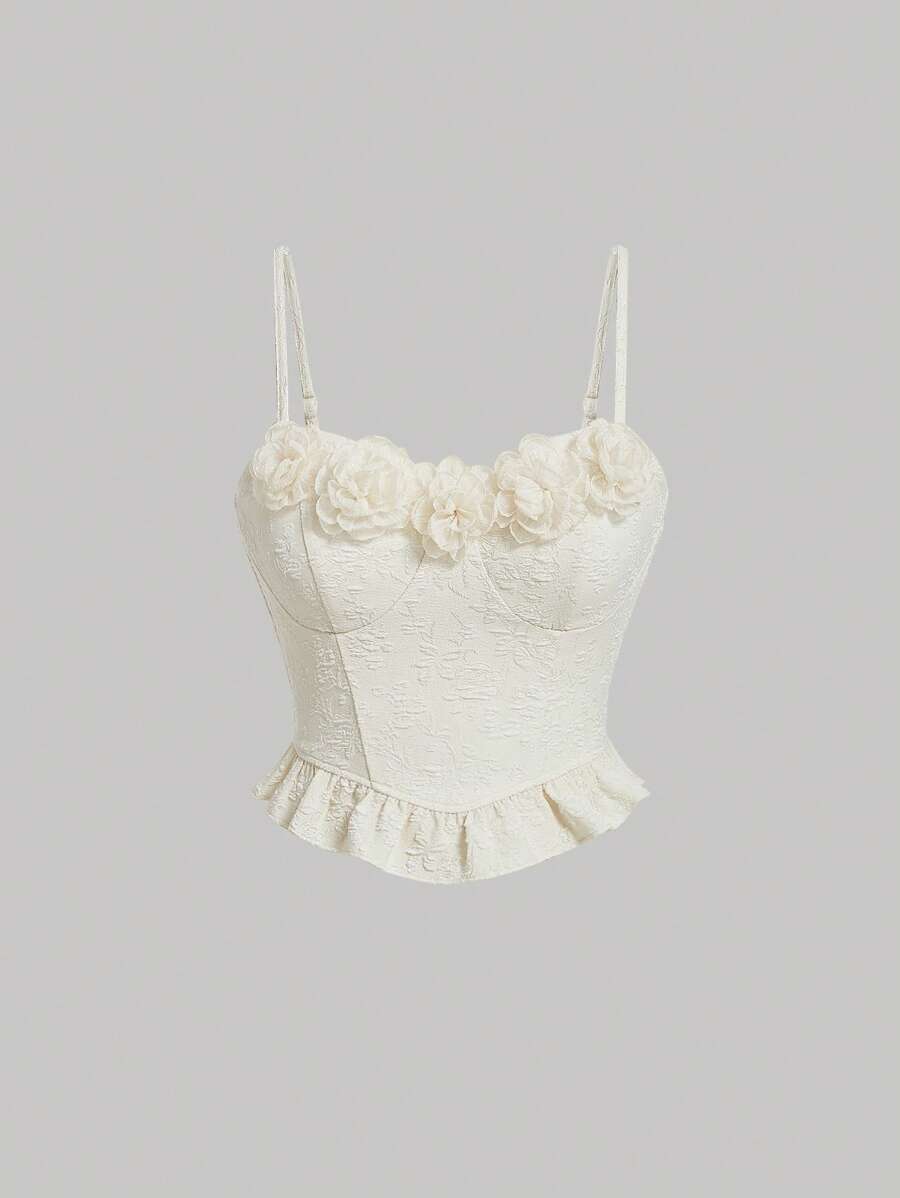 SHEIN MOD Floral Applique Ruffle Hem Cami Top - Apricot - View 1