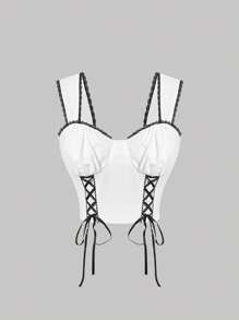 SHEIN MOD 繫帶撞色滾邊緊身上衣寬肩帶上衣 - 白色 - 查看 1