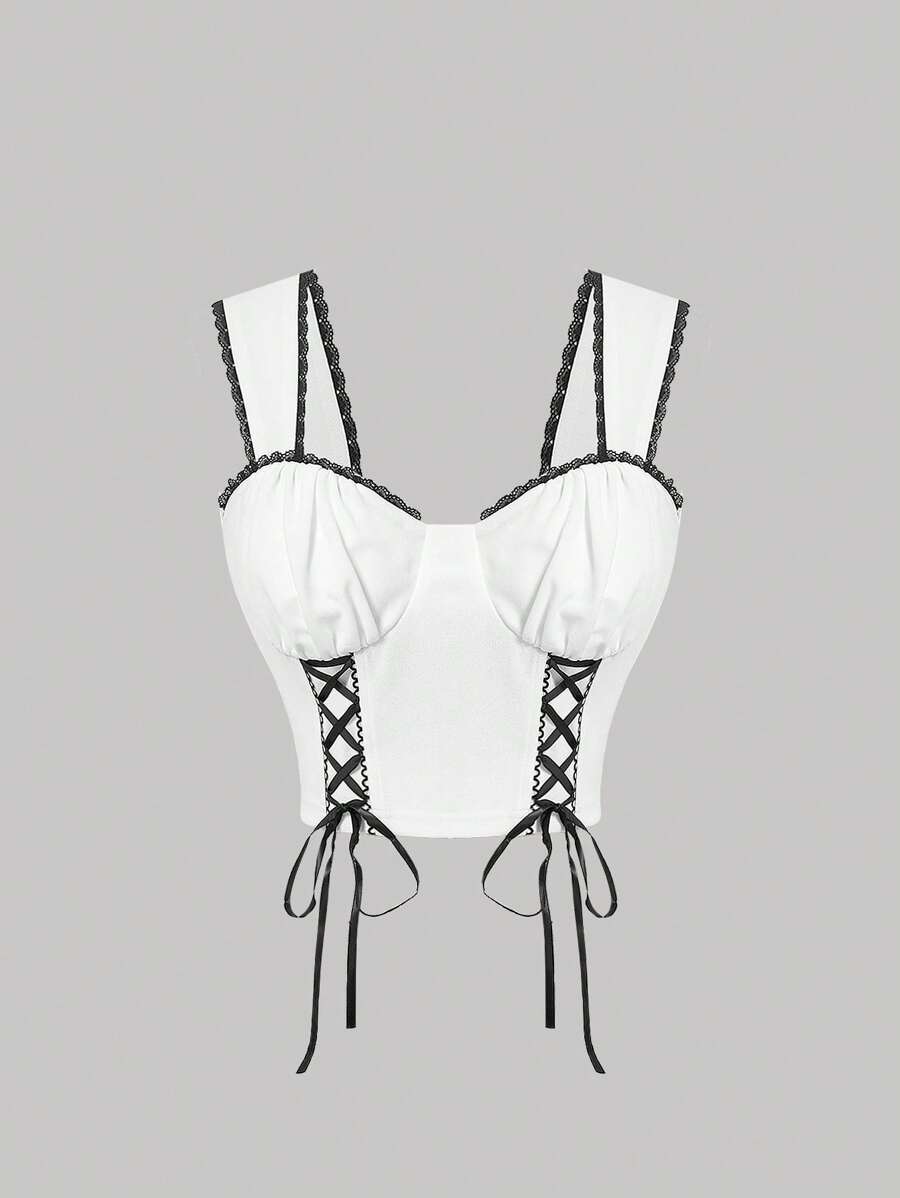 SHEIN MOD 繫帶撞色滾邊緊身上衣寬肩帶上衣 - 白色 - 查看 1