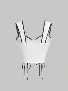 SHEIN MOD 繫帶撞色滾邊緊身上衣寬肩帶上衣 - 白色 - 查看 2