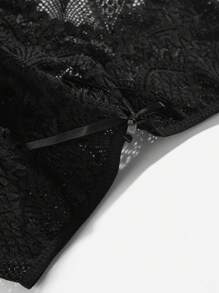 Floral Lace Bow Decor Panty Lingerie - Black - View 6