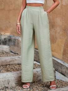 Solid Slant Pocket Wide Leg Trousers - Mint Green - View 1