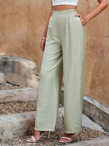 Solid Slant Pocket Wide Leg Trousers - Mint Green - View 4