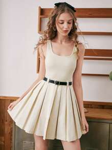 SHEIN MOD Đầm hai dây xếp ly trơn có thắt lưng - Màu be - Xem 3