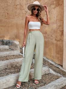 Solid Slant Pocket Wide Leg Trousers - Mint Green - View 5