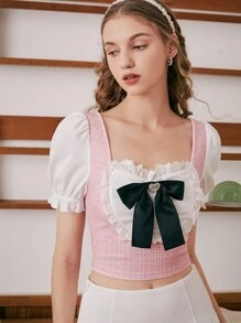 SHEIN MOD 前蝴蝶結網眼刺繡泡泡袖襯衫 - 彩色 - 查看 3