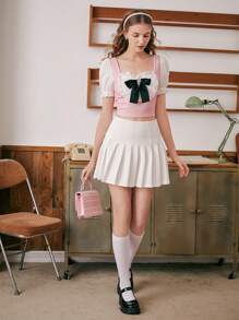 SHEIN MOD 前蝴蝶結網眼刺繡泡泡袖襯衫 - 彩色 - 查看 4