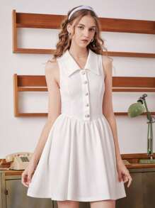 SHEIN MOD 素色前紐扣襯衫洋裝 - 白色 - 查看 3