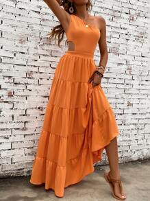 Breezaya 單肩腰部鏤空荷葉邊連衣裙 - 橘色 - 查看 4