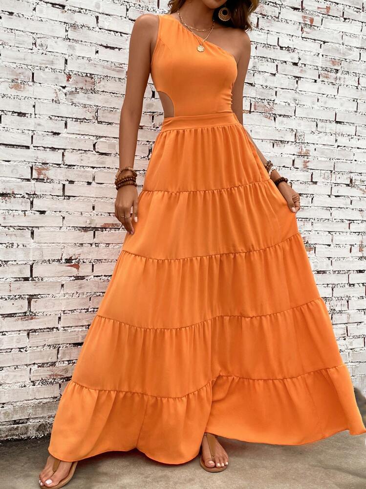 Breezaya 單肩腰部鏤空荷葉邊連衣裙 - 橘色 - 查看 2