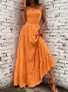 Breezaya 單肩腰部鏤空荷葉邊連衣裙 - 橘色 - 查看 6