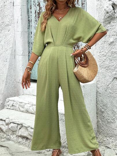 SHEIN LUNE Solid Batwing Sleeve Wide Leg Jumpsuit