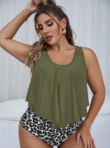 SHEIN Swim Curve Plus Size Leopard Hanky Hem Tankini Bãi biển mùa hè - xanh quân đội - Xem 1