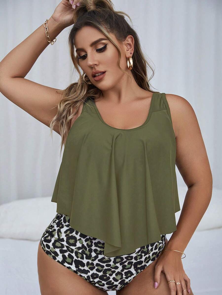 SHEIN Swim Curve Plus Size Leopard Hanky Hem Tankini Bãi biển mùa hè - xanh quân đội - Xem 1