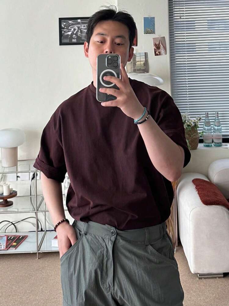 DAZY ผู้ชาย เสื้อยืด ไหล่ตก ผ้าฝ้าย สีพื้น - สีช็อคโกแลต - ดู 3