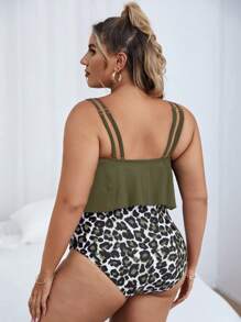 SHEIN Swim Curve Plus Size Leopard Hanky Hem Tankini Bãi biển mùa hè - xanh quân đội - Xem 2