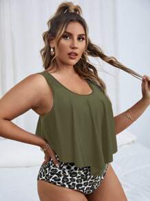 SHEIN Swim Curve Plus Size Leopard Hanky Hem Tankini Bãi biển mùa hè - xanh quân đội - Xem 4