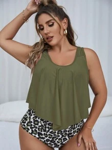 SHEIN Swim Curve Plus Size Leopard Hanky Hem Tankini Bãi biển mùa hè - xanh quân đội - Xem 5
