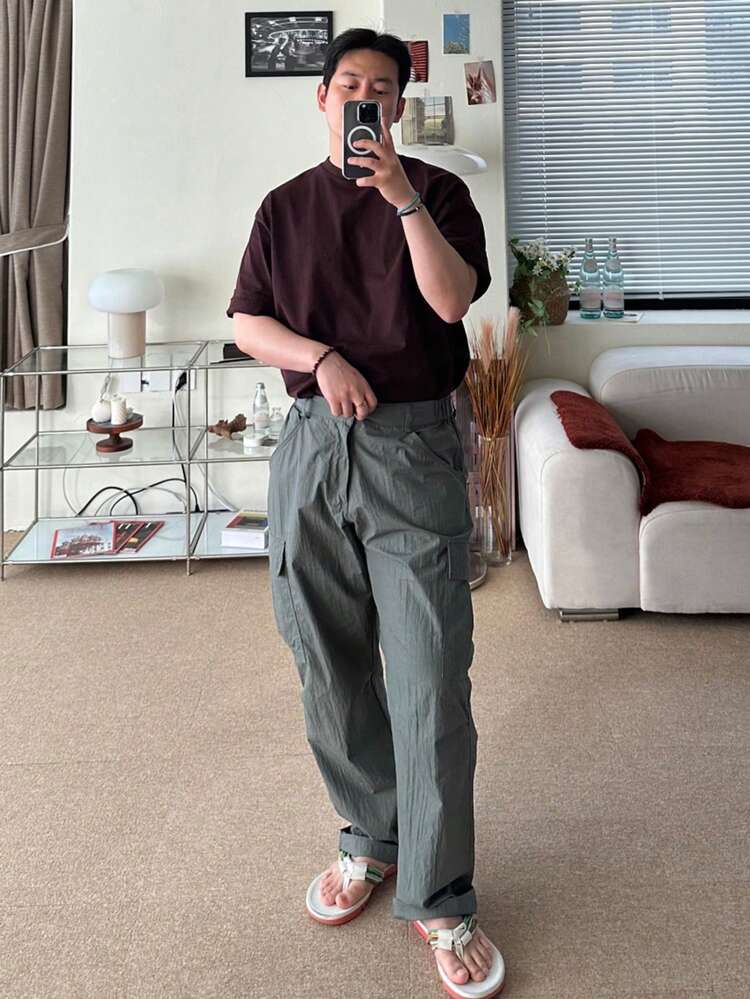 DAZY ผู้ชาย เสื้อยืด ไหล่ตก ผ้าฝ้าย สีพื้น - สีช็อคโกแลต - ดู 6