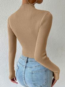 Elenzga Mock Neck Ribbed Knit Crop Jumper - Khaki - View 2