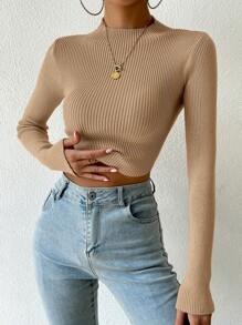 Elenzga Mock Neck Ribbed Knit Crop Jumper - Khaki - View 3