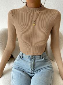 Elenzga Mock Neck Ribbed Knit Crop Jumper - Khaki - View 4