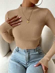 Elenzga Mock Neck Ribbed Knit Crop Jumper - Khaki - View 5