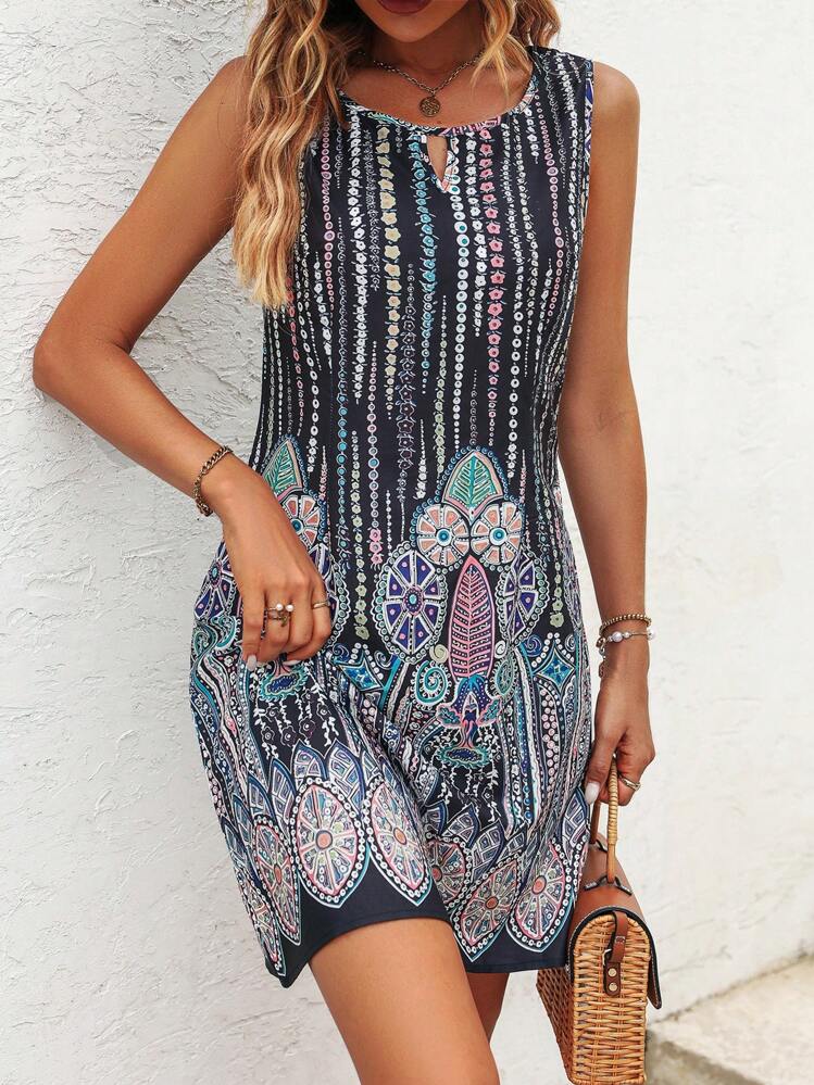 SHEIN LUNE Floral Print Keyhole Neckline Tank Dress - Multicolor - View 1