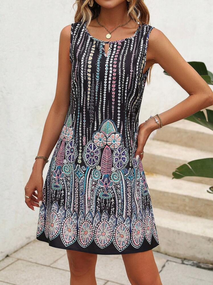 SHEIN LUNE Floral Print Keyhole Neckline Tank Dress - Multicolor - View 6