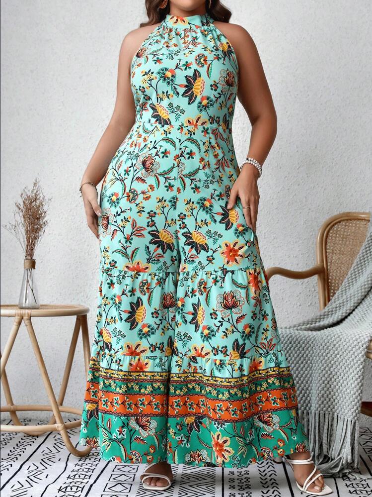 SHEIN VCAY Mono halter con estampado floral de pierna ancha - Multicolor - Añade 1