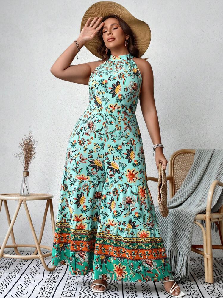 SHEIN VCAY Mono halter con estampado floral de pierna ancha - Multicolor - Añade 3