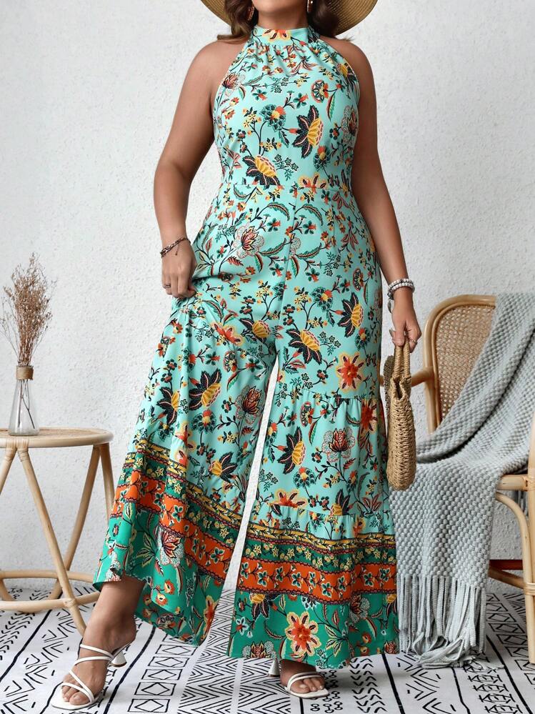 SHEIN VCAY Mono halter con estampado floral de pierna ancha - Multicolor - Añade 4