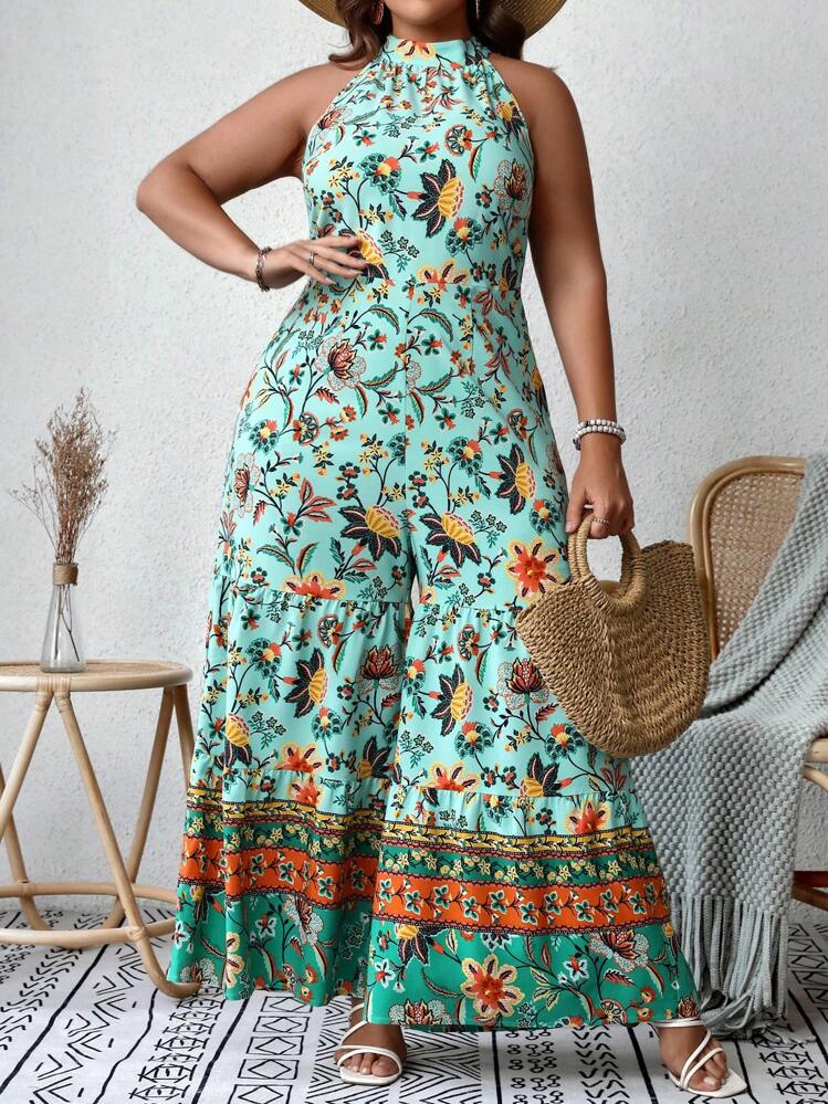 SHEIN VCAY Mono halter con estampado floral de pierna ancha - Multicolor - Añade 5