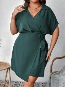 SHEIN VCAY 大碼蝙蝠袖圍裹側打結洋裝 - 軍綠色 - 查看 1