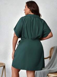 SHEIN VCAY 大碼蝙蝠袖圍裹側打結洋裝 - 軍綠色 - 查看 2