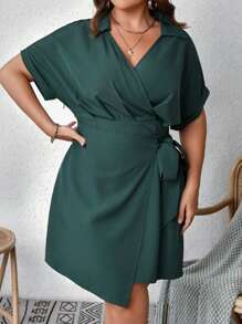 SHEIN VCAY 大碼蝙蝠袖圍裹側打結洋裝 - 軍綠色 - 查看 3