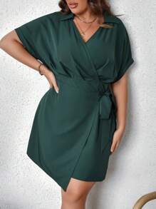 SHEIN VCAY 大碼蝙蝠袖圍裹側打結洋裝 - 軍綠色 - 查看 5