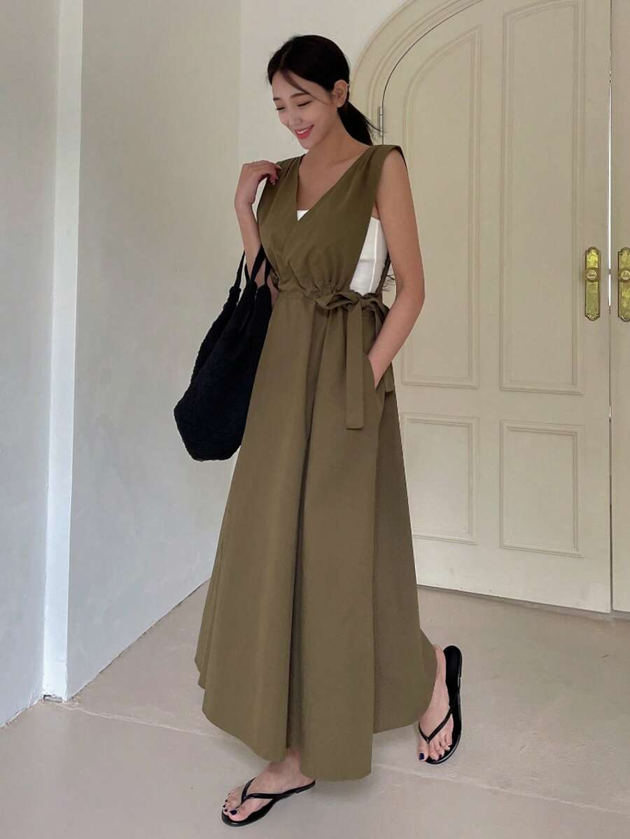 DAZY Solid Knot Side Dress - Army Green - View 1