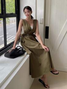 DAZY Solid Knot Side Dress - Army Green - View 6