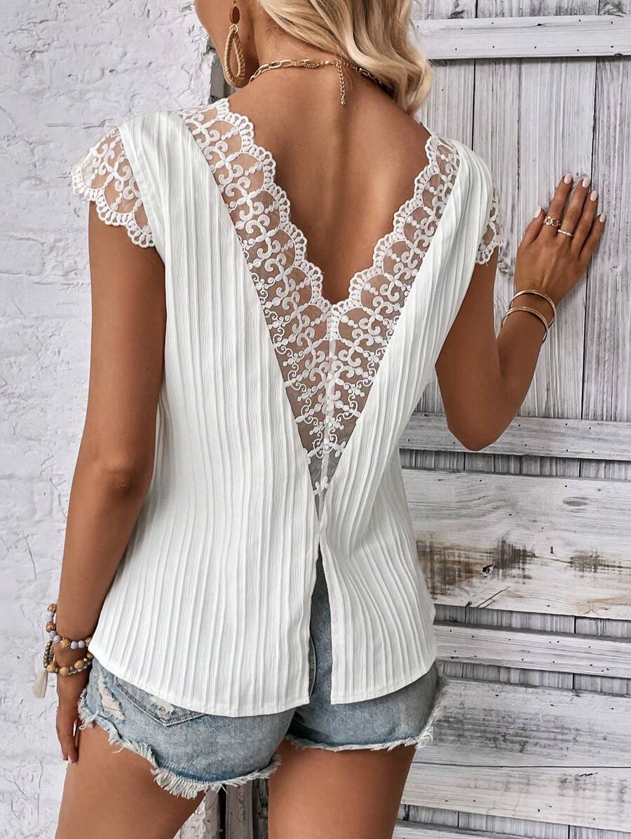SHEIN LUNE Contrast Embroidery Mesh Split Back Blouse - White - View 1