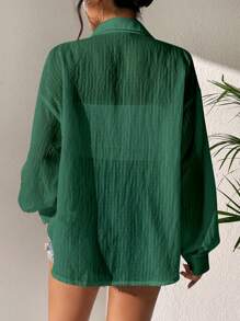 SHEIN Unity 素色落肩袖前紐扣襯衫 - 綠色 - 查看 2