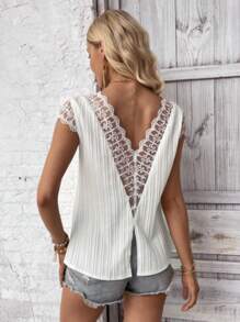 SHEIN LUNE Contrast Embroidery Mesh Split Back Blouse - White - View 3