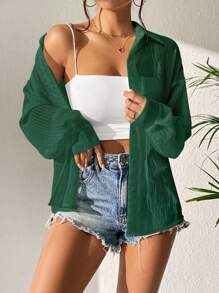 SHEIN Unity 素色落肩袖前紐扣襯衫 - 綠色 - 查看 3