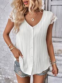 SHEIN LUNE Contrast Embroidery Mesh Split Back Blouse - White - View 4