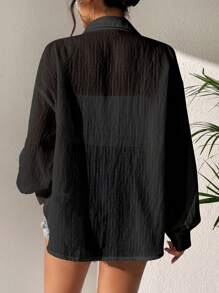 Flirla Solid Drop Shoulder Button Front Shirt - Black - View 2