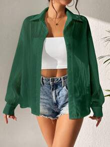 SHEIN Unity 素色落肩袖前紐扣襯衫 - 綠色 - 查看 4